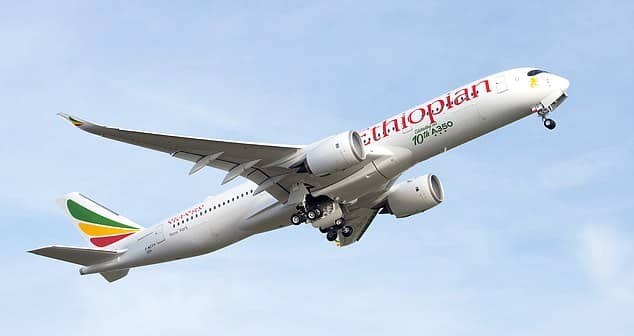 Кармен Робертс летит бизнес-классом Cloud9 на самолете Airbus A350 из Хитроу в Аддис-Абебу.