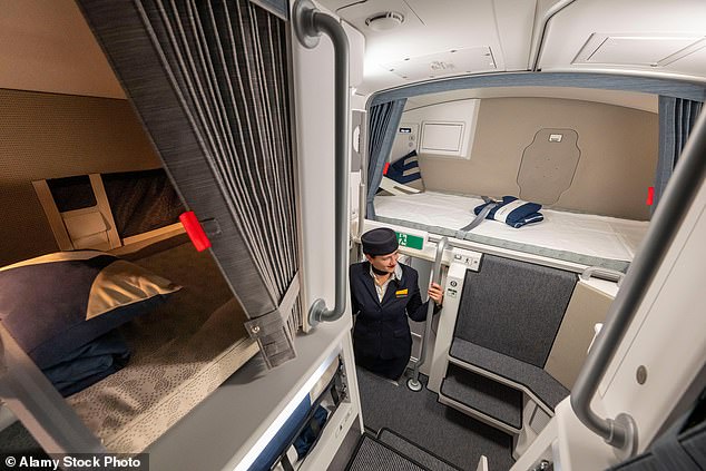 Член экипажа Lufthansa стоит в зоне отдыха и сна для бортпроводников Airbus A350-900.