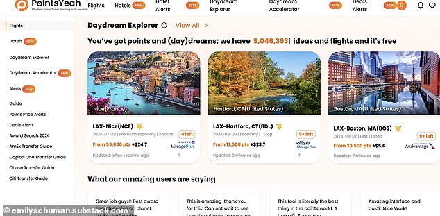 Вторым сайтом в его списке является PointsYeah, который он описывает как «универсальный и бесплатный инструмент поиска премиальных путешествий, который быстро завоевал популярность среди любителей баллов и миль».