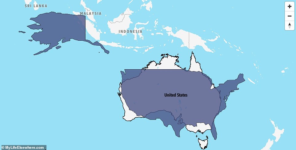 Площадь Австралии составляет 78,72% площади США, или в 1,3 раза меньше.