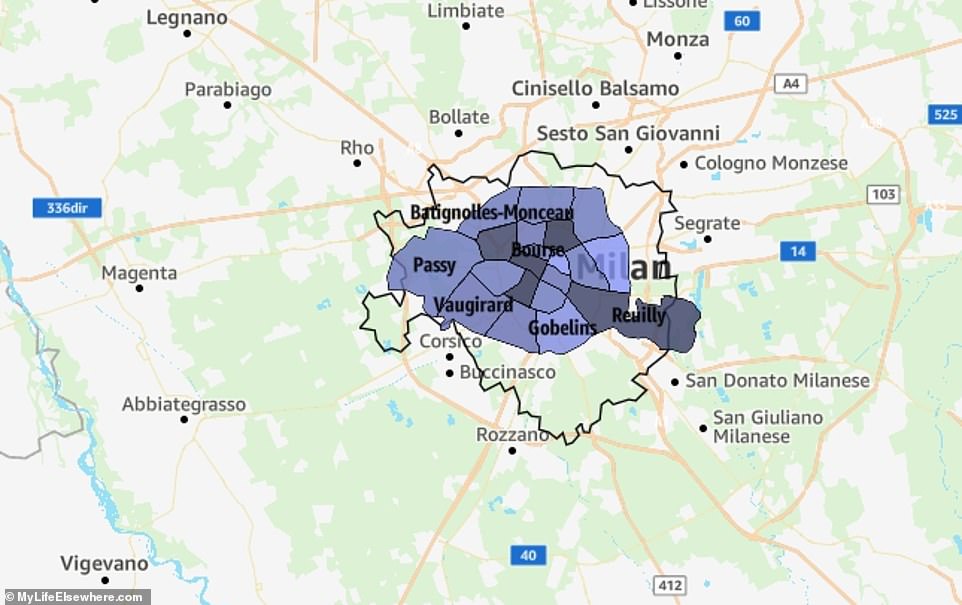 Милан площадью 182 кв. км/70 кв. м в 1,7 раза (72%) больше Парижа (105 кв. км/40 кв. м).