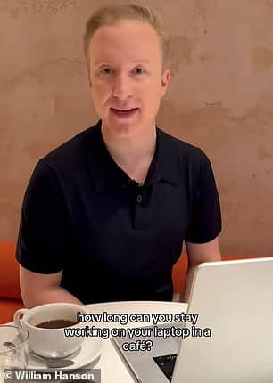 Эксперт по этикету Уильям Хэнсон в вирусном видео на TikTok объясняет, что максимальное время, которое вы можете провести за ноутбуком в кафе, не заказывая ничего, составляет 45 минут.