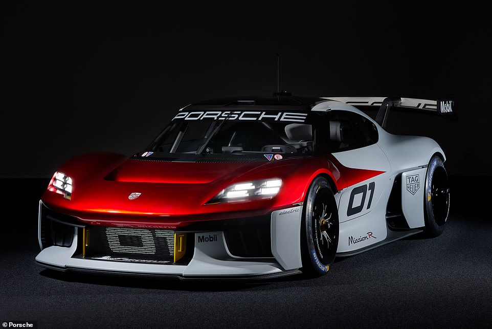 Это концепт Porsche Mission R, дебютировавший в 2021 году от штутгартского автопроизводителя. Это видение бренда полностью электрического автомобиля для автоспорта.
