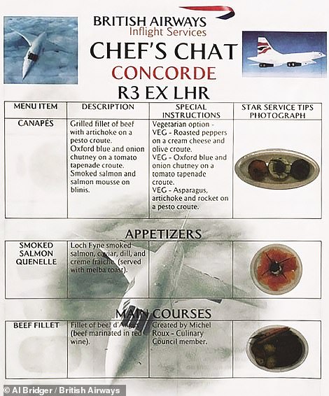 «Документ Chef¿s Chat», который был «создан, чтобы помочь экипажу понять блюда, которые они готовили и подавали, как их подавать и давать информацию о них». Этот документ взят с Concorde, рассказывает Эл, «и они сегодня во многом не изменились».