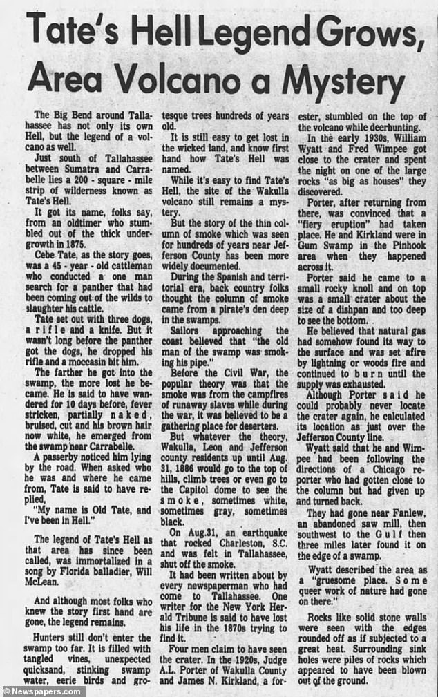 В статье 1974 года из Tallahassee Democrat сообщается о том, что лишь немногие люди отважились отправиться в этот район после разрушительного землетрясения в конце 19-го века, которое ощущалось от Мэна до Флориды. Ученые говорят, что это могло вызвать цунами